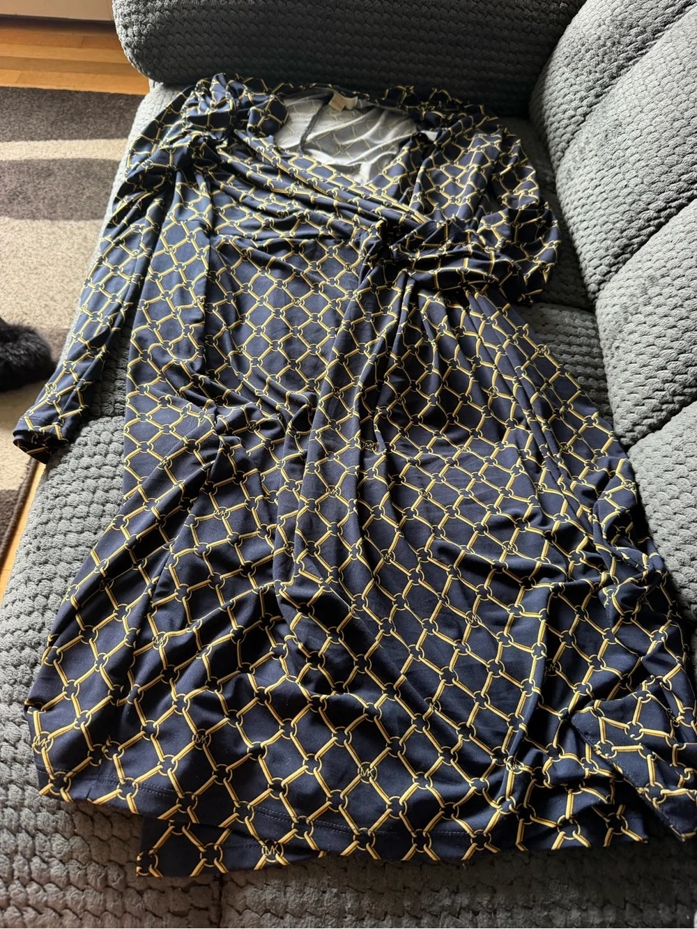 Michael Kors Black Long Sleeve Wrap Dress with Gold Chain Pattern